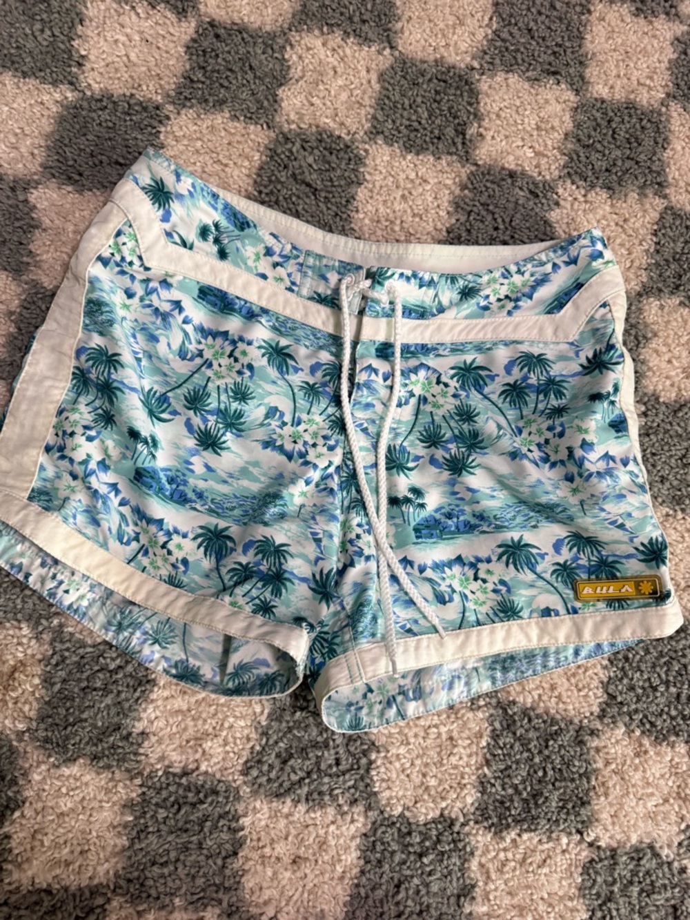 BULA Vintage Y2K 2000s Tropical Palm Tree Print Drawstring Board Shorts Swimming